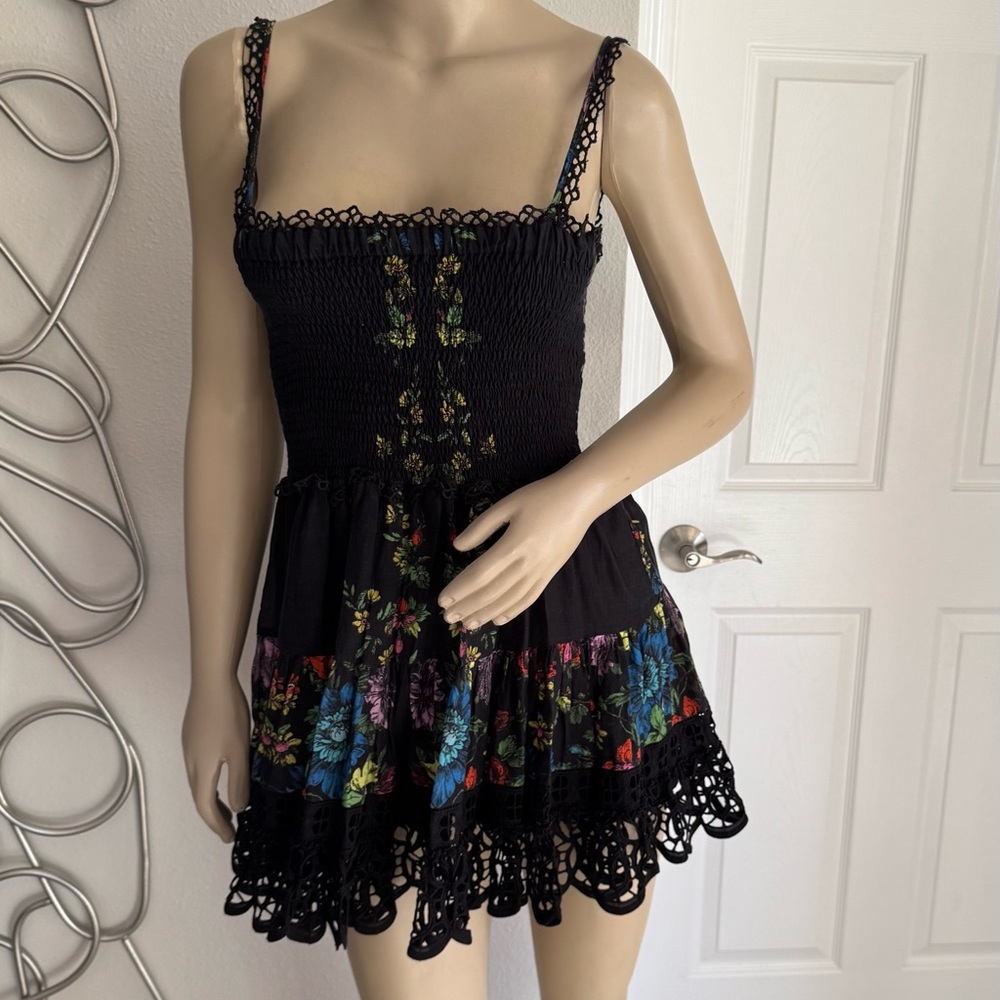 Charo Ruiz Floral Black Smocked Dress with Lace Trim